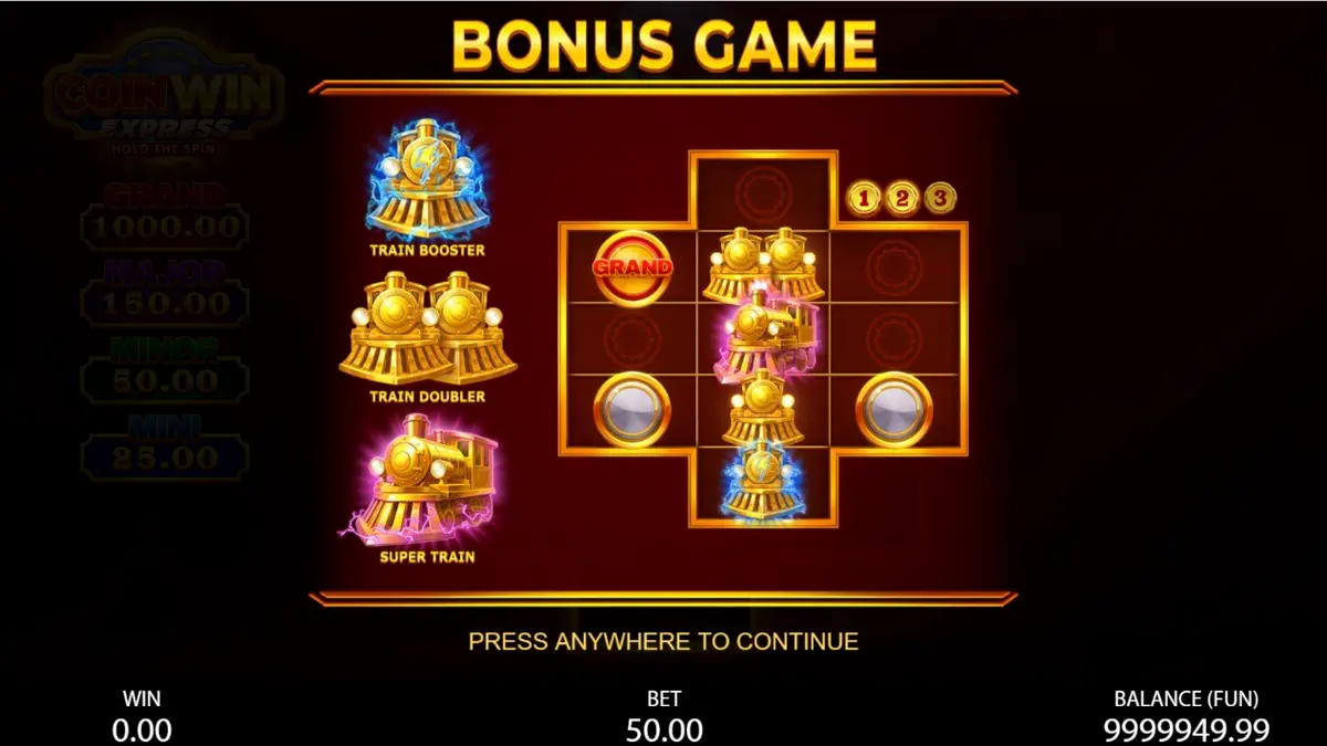 Interface do jogo Coin Win Express com símbolos de trens e moedas douradas.